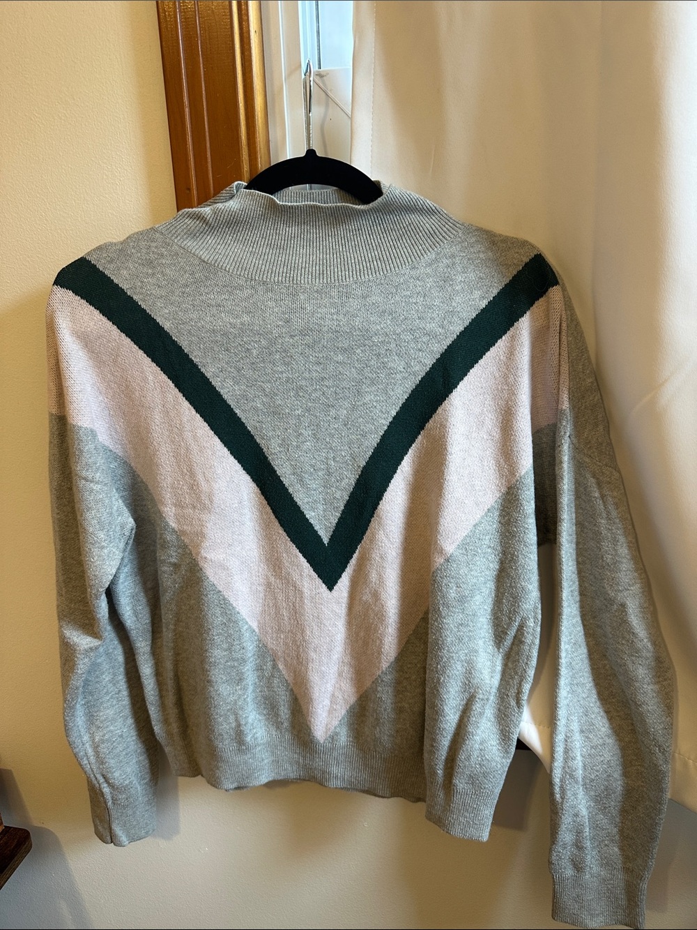 Old Navy Gray Mockneck Sweater with Green & Blush Pink Stripes - Fall weather!